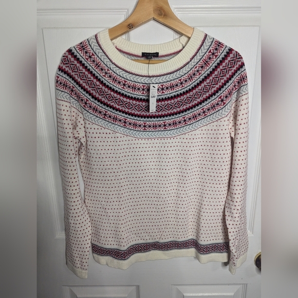 New Talbots Womens Sweater Wool Nordic Fair Isle Ivory Red Hearts Size Small - Picture 1 of 6